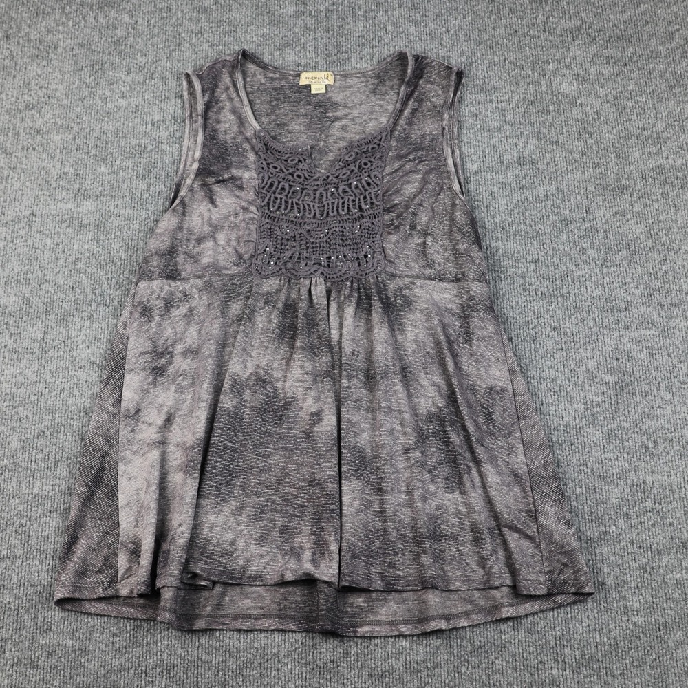 OneWorld Shirt Womens Medium Gray Black Sleeveless Tunic Crochet Lace Boho Tank